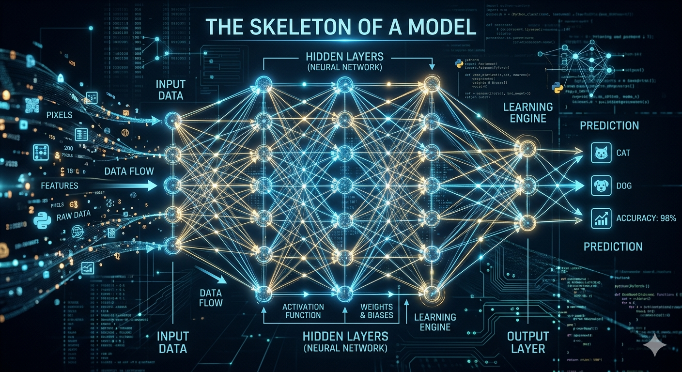 A neural-network skeleton — input data on the left, hidden layers in the middle, output predictions on the right